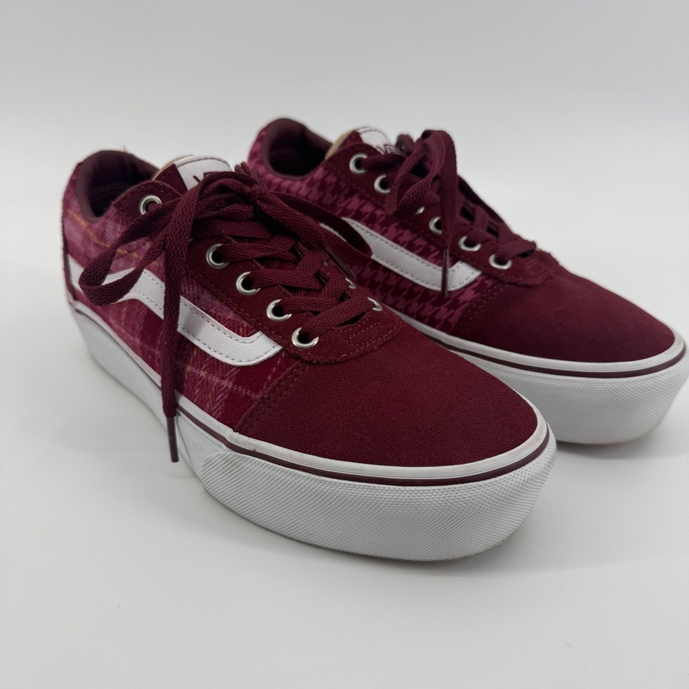 Vans Ward Platform Burgundy Suede Plaid Sneakers Womens 7.5 Low Top Shoes